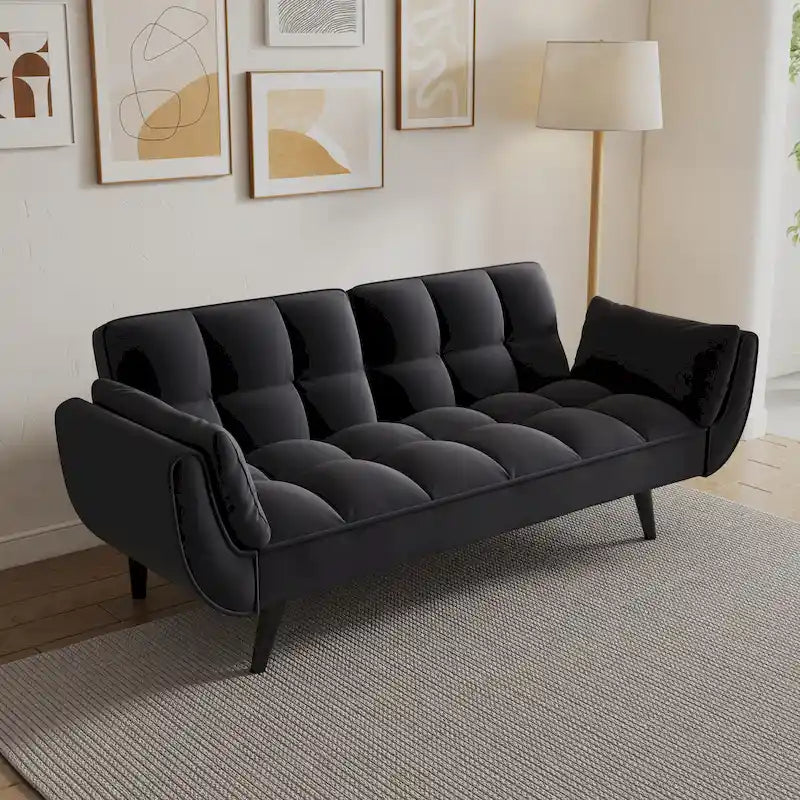 57 Canapé convertible, lit futon confortable en mélange de polyester avec 2 oreillers carrés, canapé-lit convertible avec dossier réglable