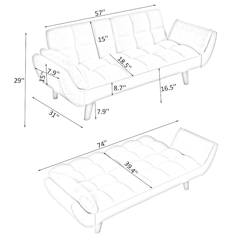 57 Canapé convertible, lit futon confortable en mélange de polyester avec 2 oreillers carrés, canapé-lit convertible avec dossier réglable
