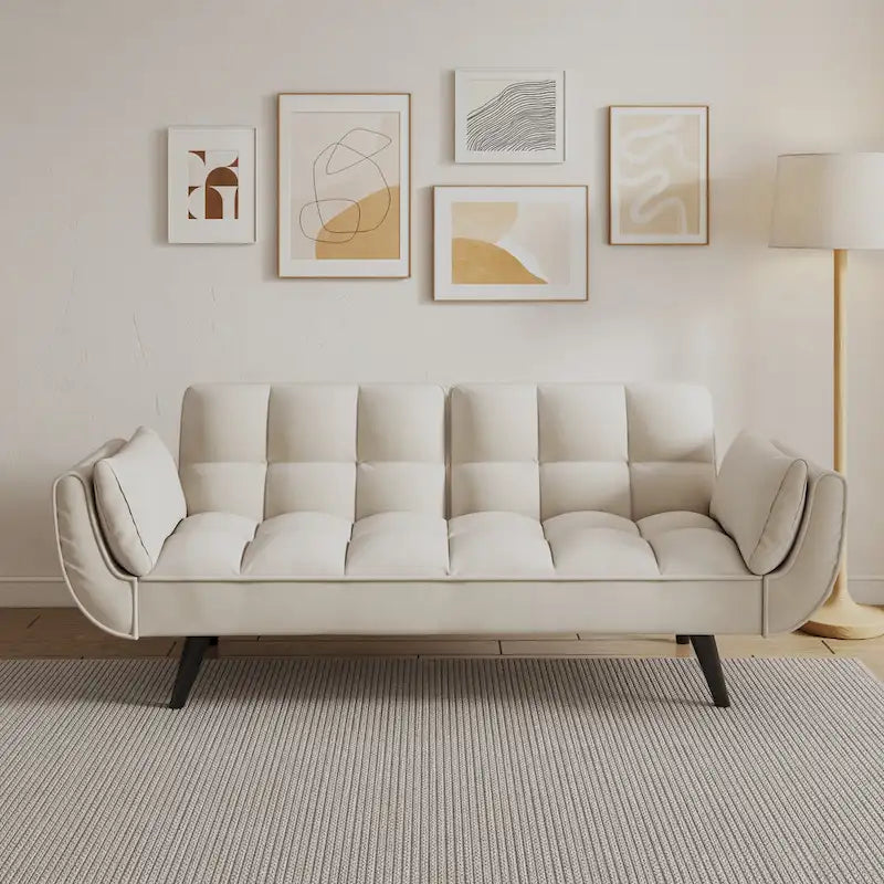 57 Canapé convertible, lit futon confortable en mélange de polyester avec 2 oreillers carrés, canapé-lit convertible avec dossier réglable