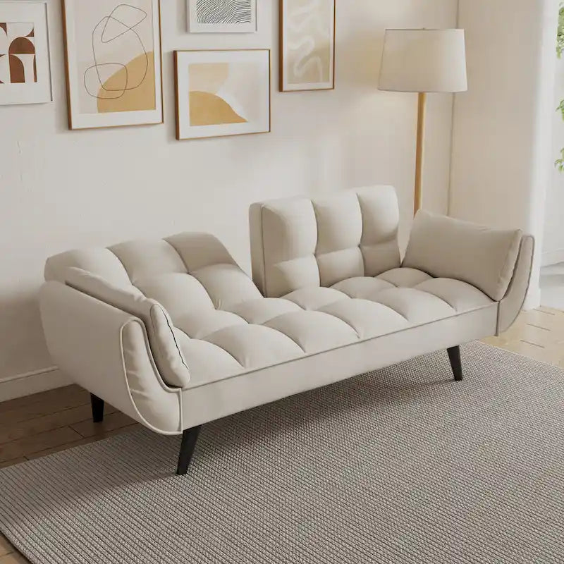 57 Canapé convertible, lit futon confortable en mélange de polyester avec 2 oreillers carrés, canapé-lit convertible avec dossier réglable
