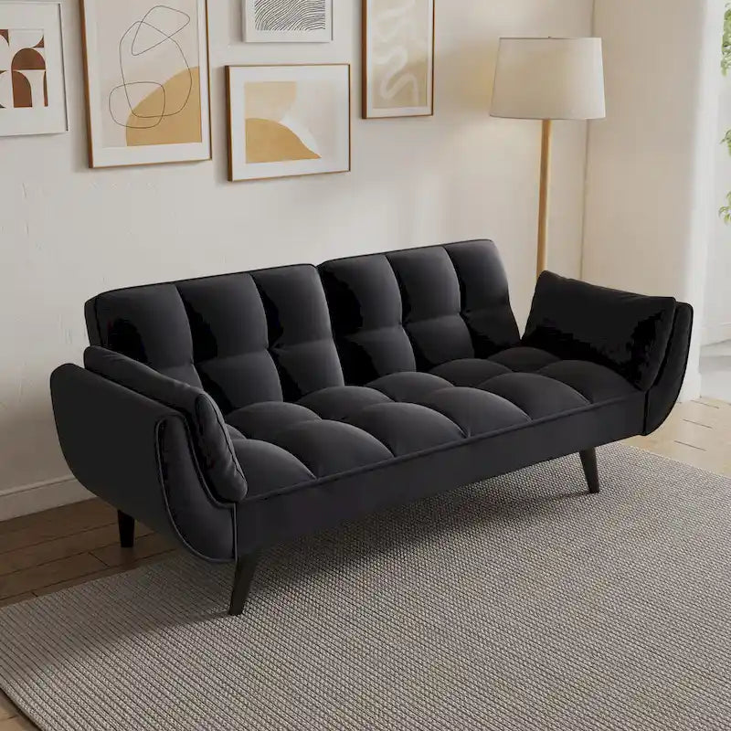 57 Canapé convertible, lit futon confortable en mélange de polyester avec 2 oreillers carrés, canapé-lit convertible avec dossier réglable