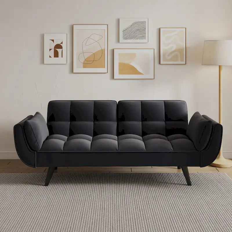 57 Canapé convertible, lit futon confortable en mélange de polyester avec 2 oreillers carrés, canapé-lit convertible avec dossier réglable