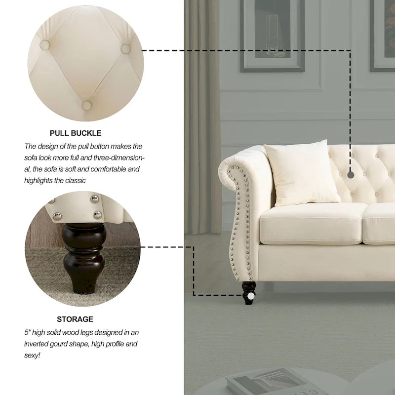 Canapé Chesterfield 3 places en velours beige avec accoudoirs roulés, garniture cloutée et 2 coussins