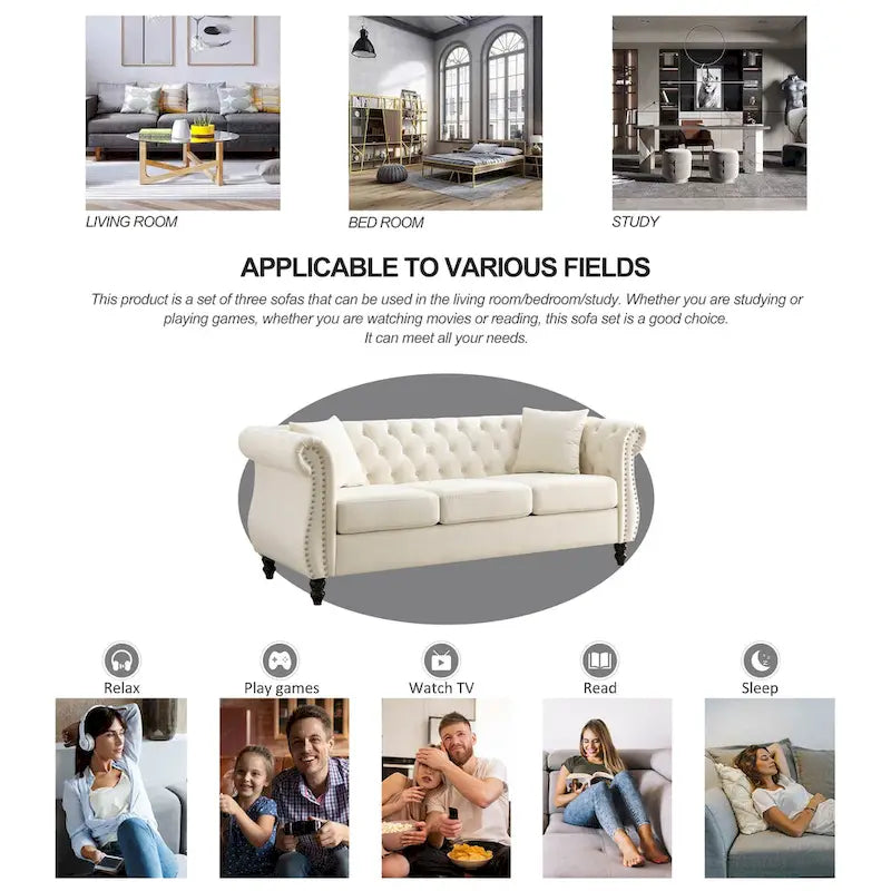 Canapé Chesterfield 3 places en velours beige avec accoudoirs roulés, garniture cloutée et 2 coussins