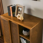 Buffet Bahut Rotin Moderne Milieu de Siècle, Buffet, Étagère Réglable & Pieds en Bois Massif & Portes de Placard en Rotin