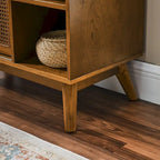 Buffet Bahut Rotin Moderne Milieu de Siècle, Buffet, Étagère Réglable & Pieds en Bois Massif & Portes de Placard en Rotin