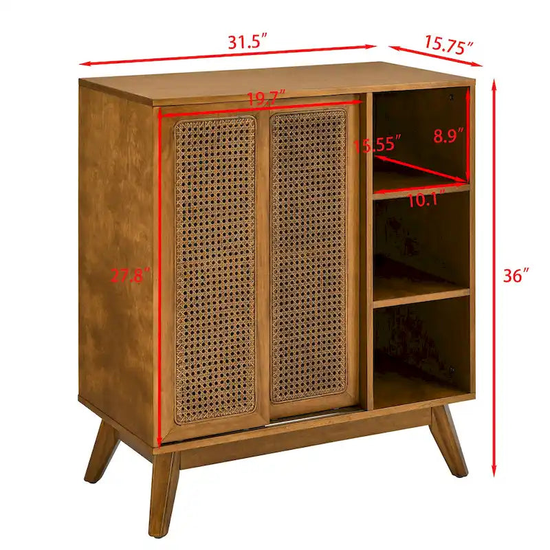 Buffet Bahut Rotin Moderne Milieu de Siècle, Buffet, Étagère Réglable & Pieds en Bois Massif & Portes de Placard en Rotin