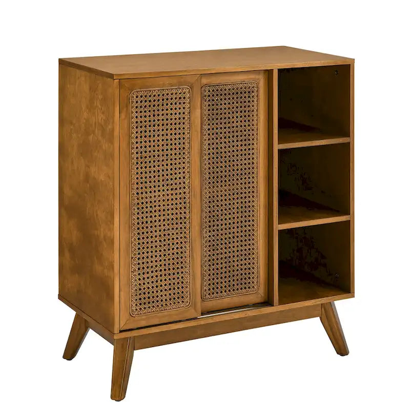 Buffet Bahut Rotin Moderne Milieu de Siècle, Buffet, Étagère Réglable & Pieds en Bois Massif & Portes de Placard en Rotin