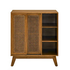 Buffet Bahut Rotin Moderne Milieu de Siècle, Buffet, Étagère Réglable & Pieds en Bois Massif & Portes de Placard en Rotin