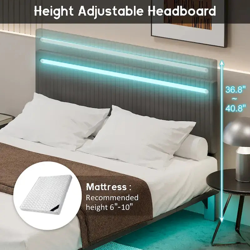 Cadre de lit flottant King Size avec tête de lit réglable et lumières RVB