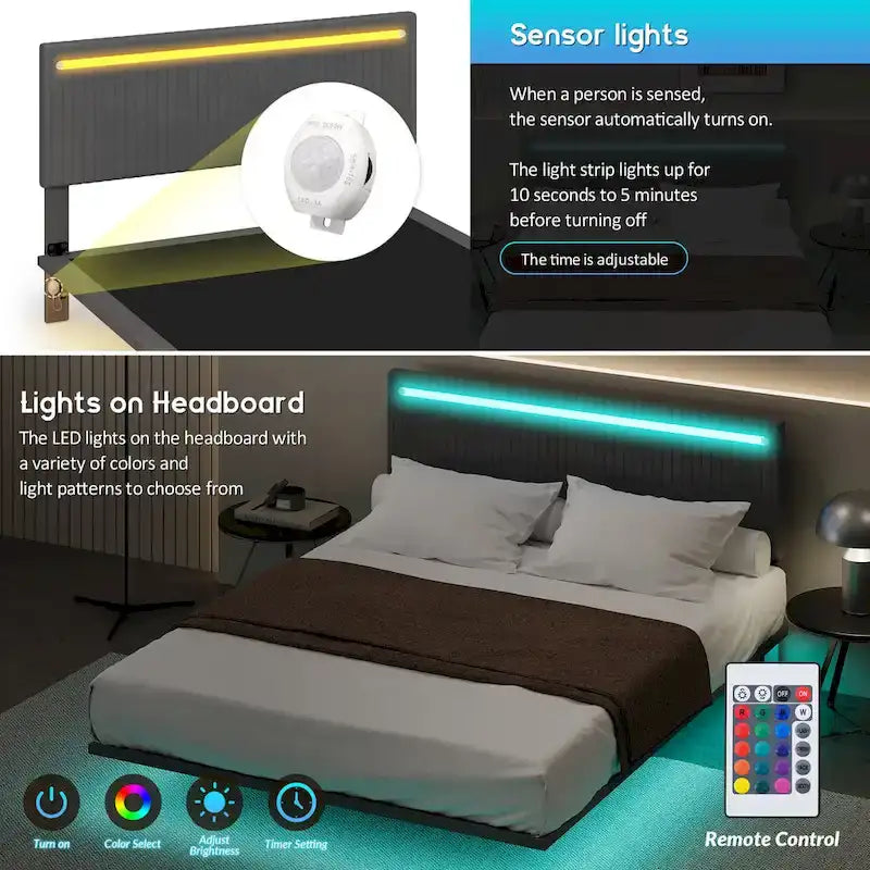 Cadre de lit flottant King Size avec tête de lit réglable et lumières RVB