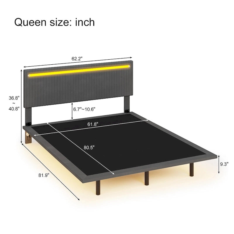 Cadre de lit flottant King Size avec tête de lit réglable et lumières RVB