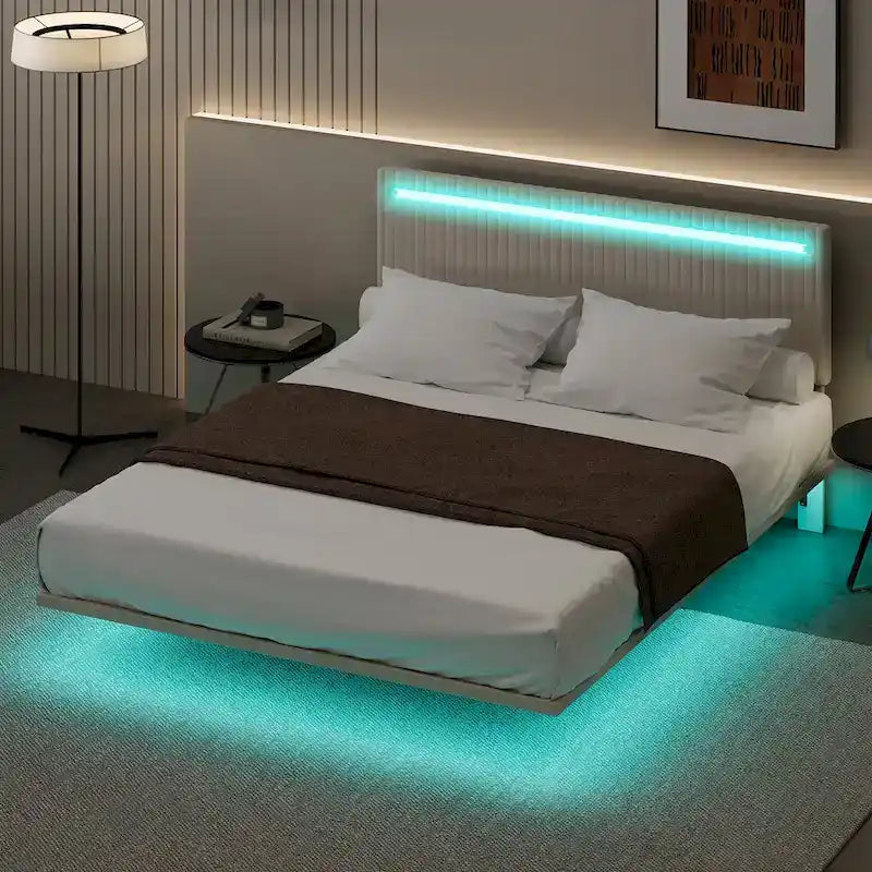 Cadre de lit flottant King Size avec tête de lit réglable et lumières RVB