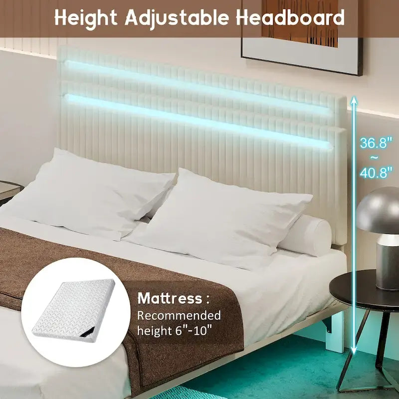 Cadre de lit flottant King Size avec tête de lit réglable et lumières RVB