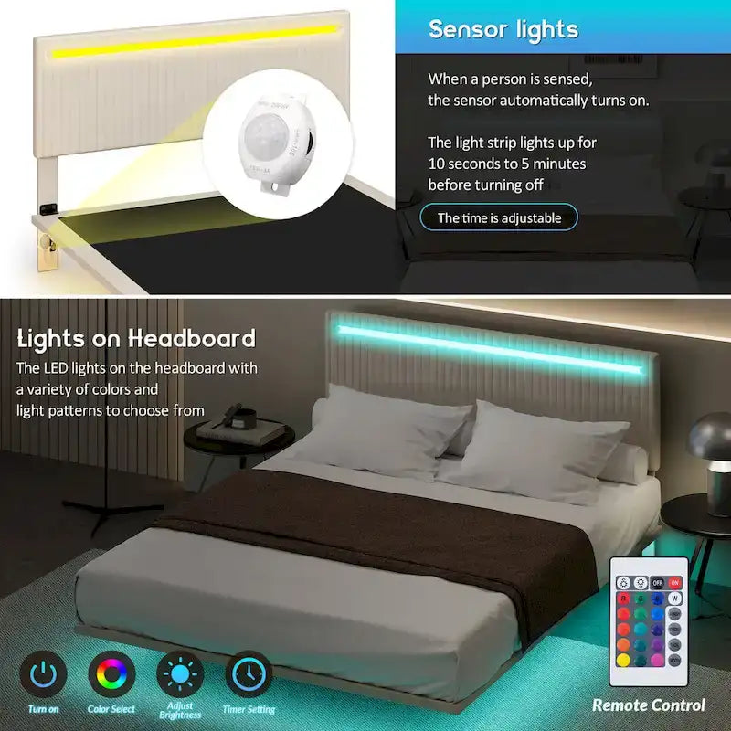 Cadre de lit flottant King Size avec tête de lit réglable et lumières RVB
