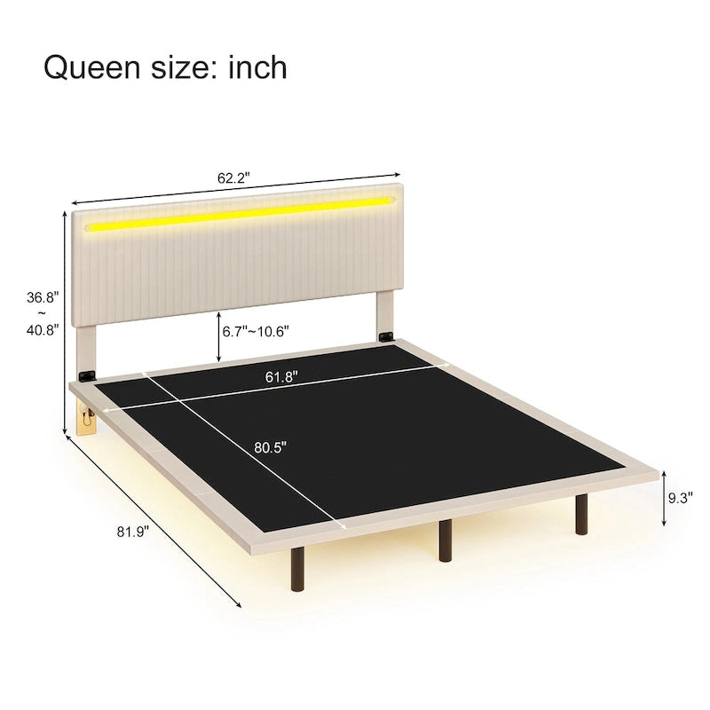 Cadre de lit flottant King Size avec tête de lit réglable et lumières RVB