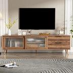 Meuble TV moderne pour téléviseurs de 75 pouces et plus, console TV avec 2 portes vitrées, meuble TV avec 2 tiroirs et armoire de rangement