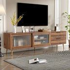 Meuble TV moderne pour téléviseurs de 75 pouces et plus, console TV avec 2 portes vitrées, meuble TV avec 2 tiroirs et armoire de rangement