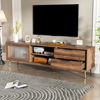 Meuble TV moderne pour téléviseurs de 75 pouces et plus, console TV avec 2 portes vitrées, meuble TV avec 2 tiroirs et armoire de rangement