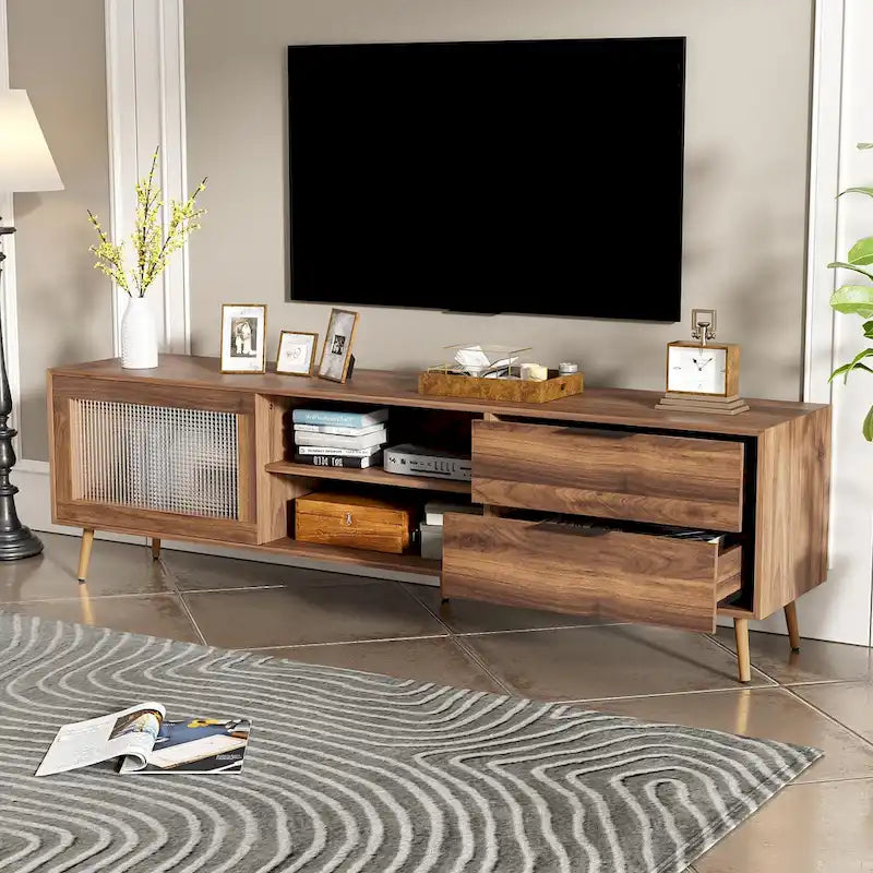 Meuble TV moderne pour téléviseurs de 75 pouces et plus, console TV avec 2 portes vitrées, meuble TV avec 2 tiroirs et armoire de rangement