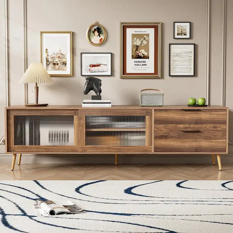 Meuble TV moderne pour téléviseurs de 75 pouces et plus, console TV avec 2 portes vitrées, meuble TV avec 2 tiroirs et armoire de rangement
