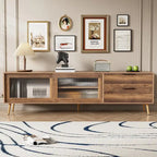 Meuble TV moderne pour téléviseurs de 75 pouces et plus, console TV avec 2 portes vitrées, meuble TV avec 2 tiroirs et armoire de rangement