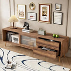 Meuble TV moderne pour téléviseurs de 75 pouces et plus, console TV avec 2 portes vitrées, meuble TV avec 2 tiroirs et armoire de rangement