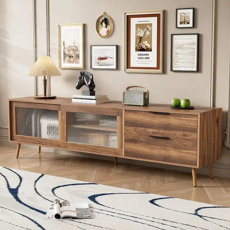 Meuble TV moderne pour téléviseurs de 75 pouces et plus, console TV avec 2 portes vitrées, meuble TV avec 2 tiroirs et armoire de rangement