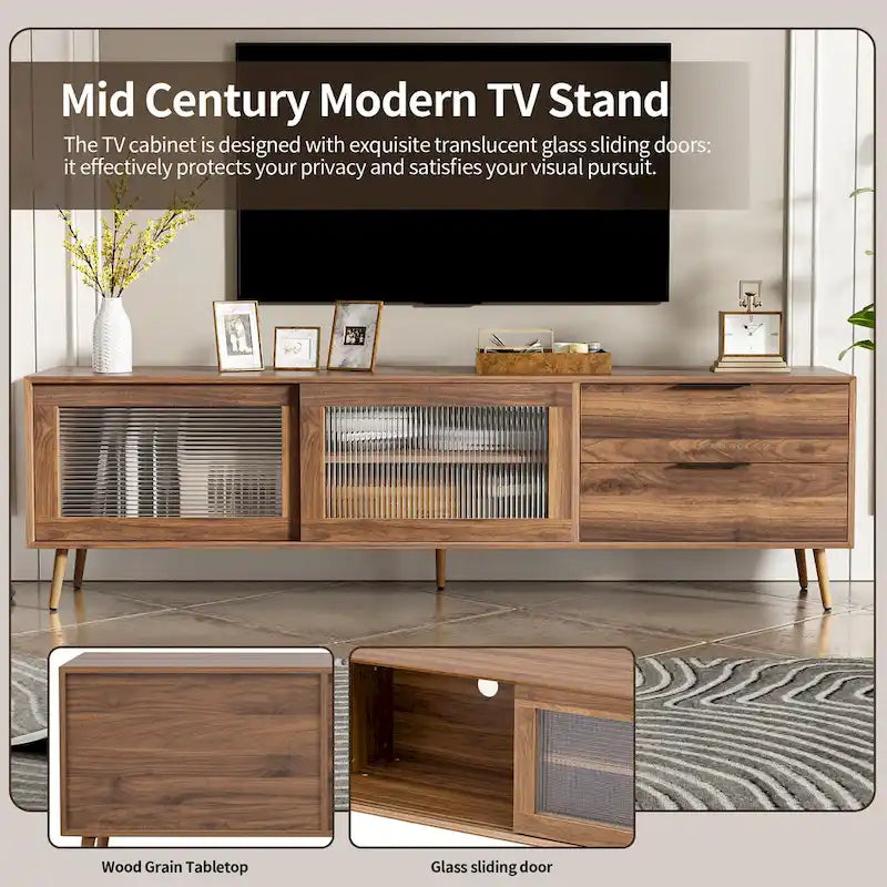 Meuble TV moderne pour téléviseurs de 75 pouces et plus, console TV avec 2 portes vitrées, meuble TV avec 2 tiroirs et armoire de rangement