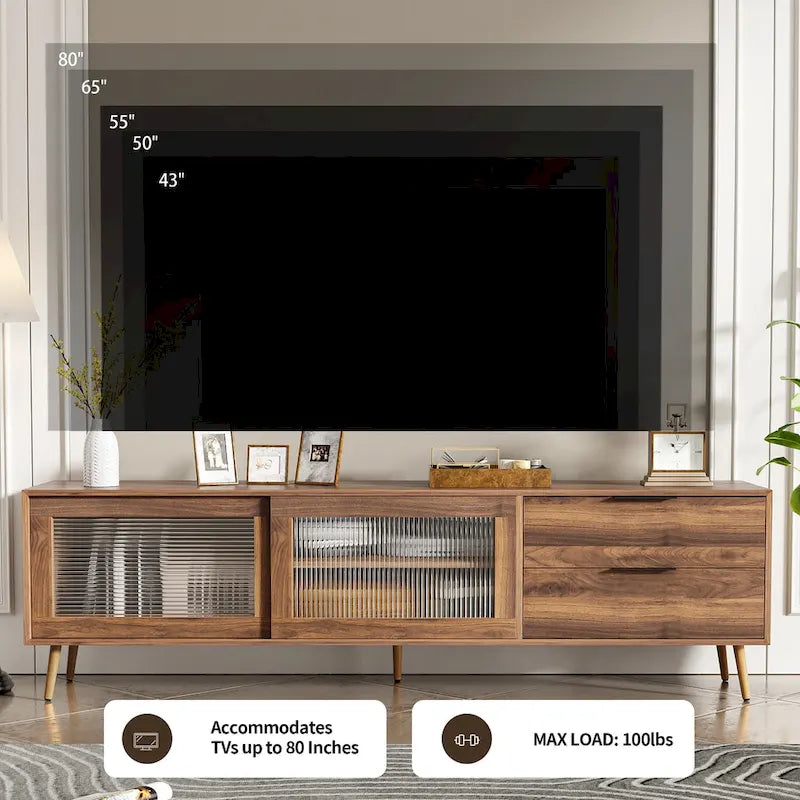Meuble TV moderne pour téléviseurs de 75 pouces et plus, console TV avec 2 portes vitrées, meuble TV avec 2 tiroirs et armoire de rangement