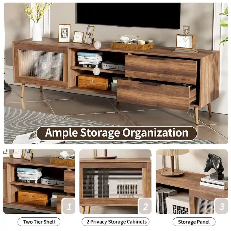 Meuble TV moderne pour téléviseurs de 75 pouces et plus, console TV avec 2 portes vitrées, meuble TV avec 2 tiroirs et armoire de rangement