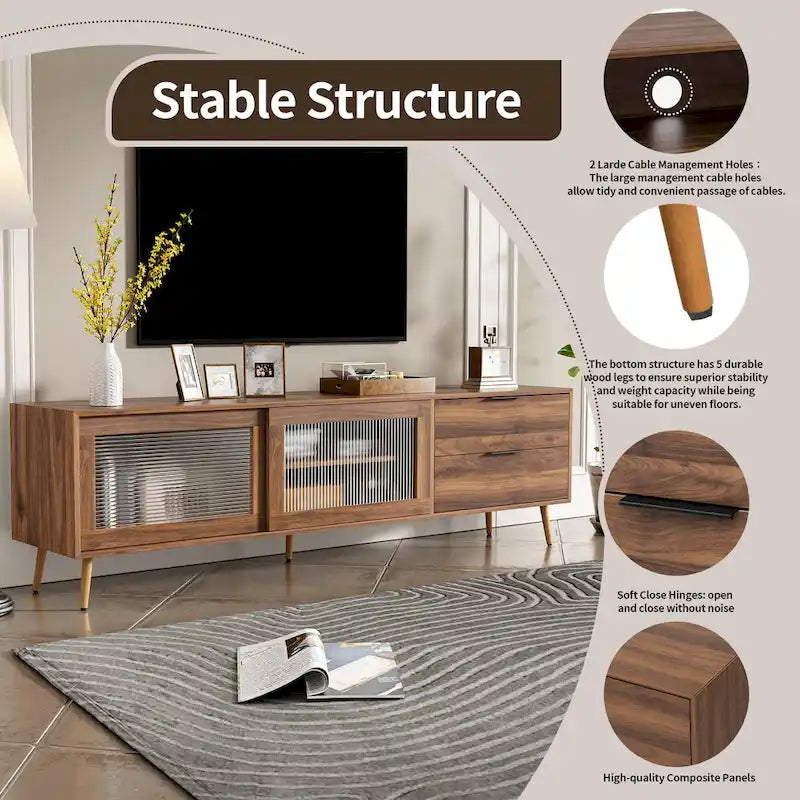 Meuble TV moderne pour téléviseurs de 75 pouces et plus, console TV avec 2 portes vitrées, meuble TV avec 2 tiroirs et armoire de rangement