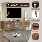 Meuble TV moderne pour téléviseurs de 75 pouces et plus, console TV avec 2 portes vitrées, meuble TV avec 2 tiroirs et armoire de rangement