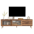 Meuble TV moderne pour téléviseurs de 75 pouces et plus, console TV avec 2 portes vitrées, meuble TV avec 2 tiroirs et armoire de rangement