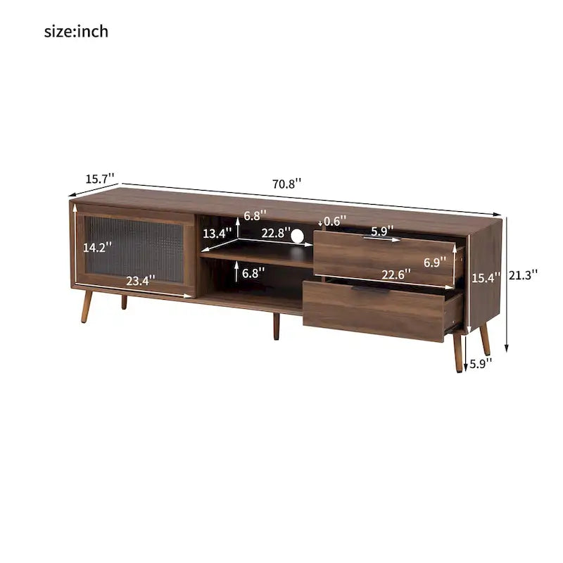 Meuble TV moderne pour téléviseurs de 75 pouces et plus, console TV avec 2 portes vitrées, meuble TV avec 2 tiroirs et armoire de rangement