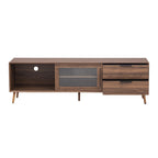 Meuble TV moderne pour téléviseurs de 75 pouces et plus, console TV avec 2 portes vitrées, meuble TV avec 2 tiroirs et armoire de rangement