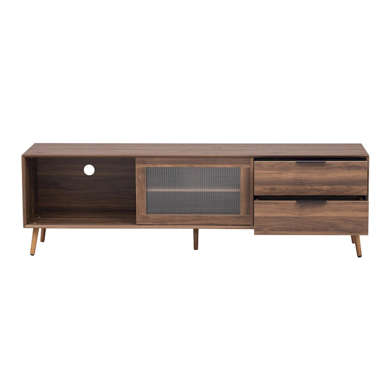 Meuble TV moderne pour téléviseurs de 75 pouces et plus, console TV avec 2 portes vitrées, meuble TV avec 2 tiroirs et armoire de rangement