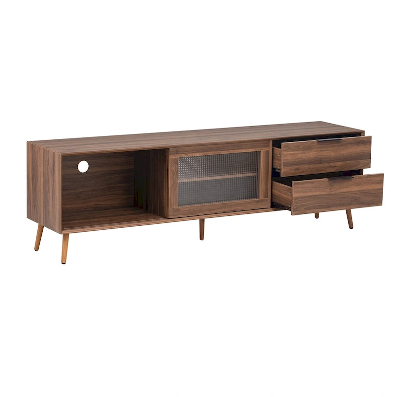 Meuble TV moderne pour téléviseurs de 75 pouces et plus, console TV avec 2 portes vitrées, meuble TV avec 2 tiroirs et armoire de rangement
