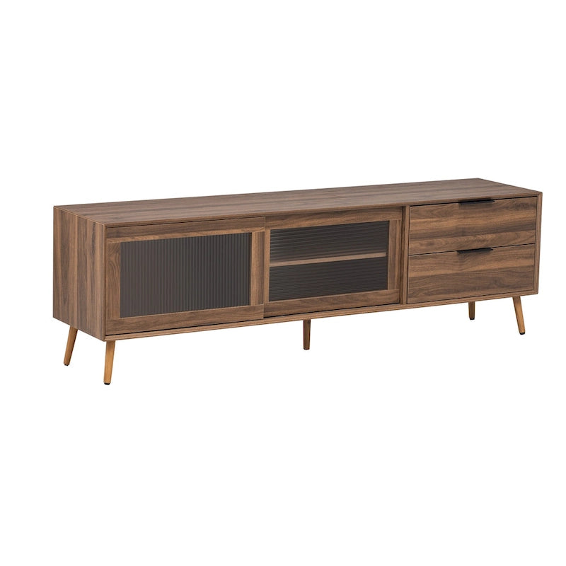 Meuble TV moderne pour téléviseurs de 75 pouces et plus, console TV avec 2 portes vitrées, meuble TV avec 2 tiroirs et armoire de rangement