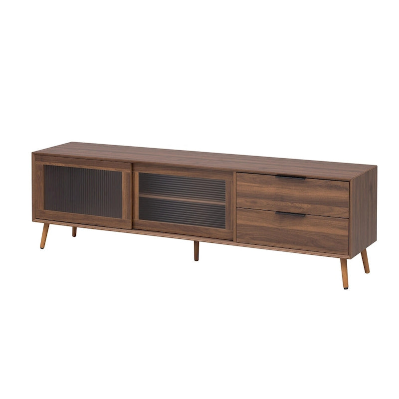 Meuble TV moderne pour téléviseurs de 75 pouces et plus, console TV avec 2 portes vitrées, meuble TV avec 2 tiroirs et armoire de rangement