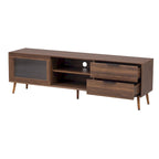 Meuble TV moderne pour téléviseurs de 75 pouces et plus, console TV avec 2 portes vitrées, meuble TV avec 2 tiroirs et armoire de rangement