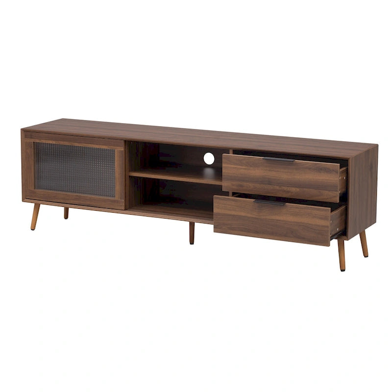 Meuble TV moderne pour téléviseurs de 75 pouces et plus, console TV avec 2 portes vitrées, meuble TV avec 2 tiroirs et armoire de rangement