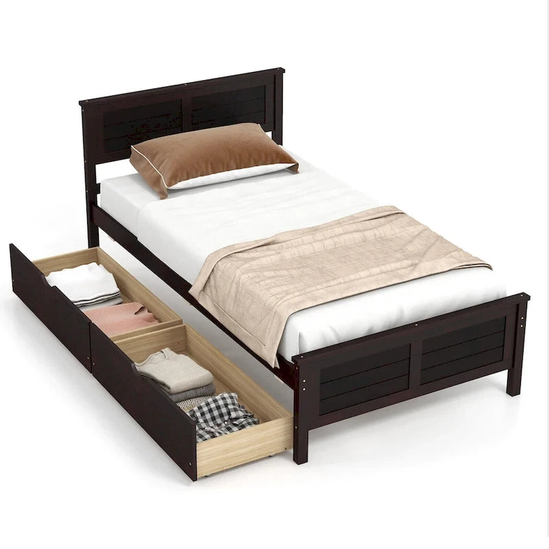 Cadre de lit plateforme en bois de taille simple avec 2 tiroirs de rangement