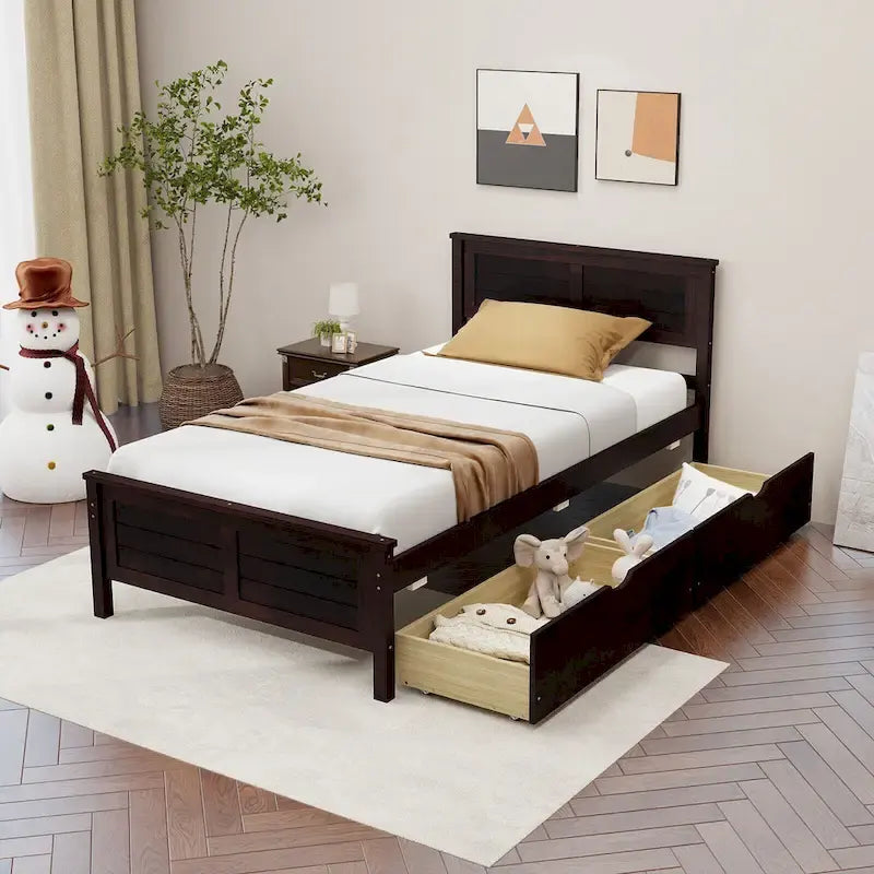 Cadre de lit plateforme en bois de taille simple avec 2 tiroirs de rangement