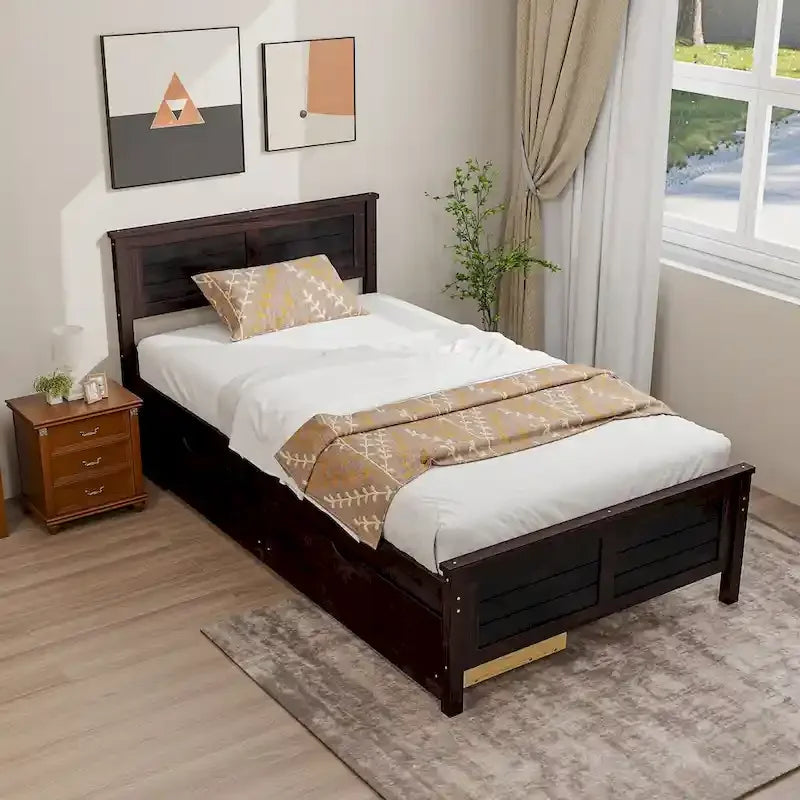 Cadre de lit plateforme en bois de taille simple avec 2 tiroirs de rangement