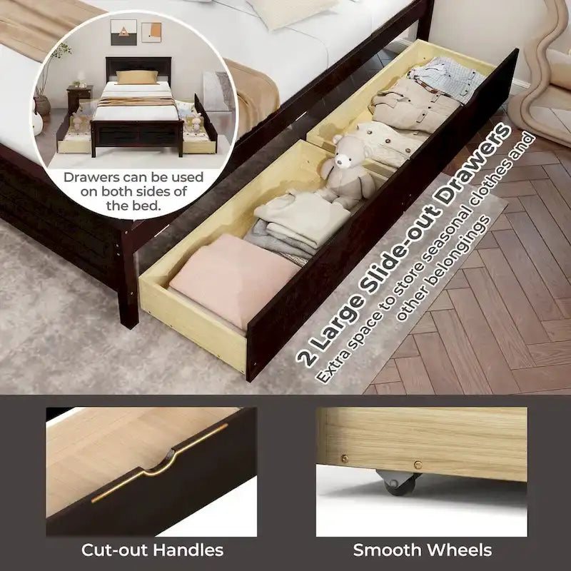 Cadre de lit plateforme en bois de taille simple avec 2 tiroirs de rangement