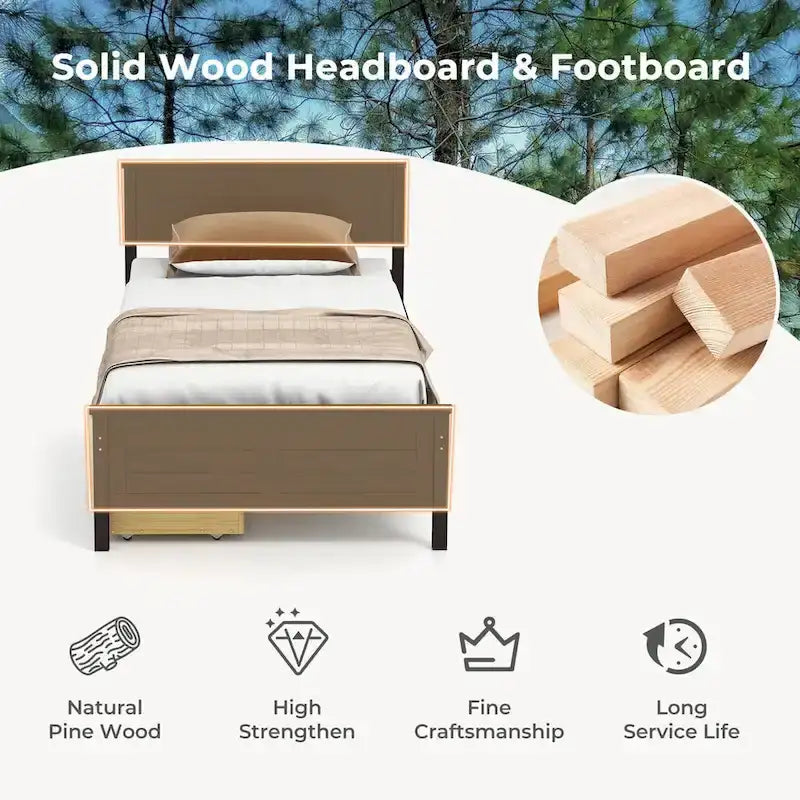 Cadre de lit plateforme en bois de taille simple avec 2 tiroirs de rangement