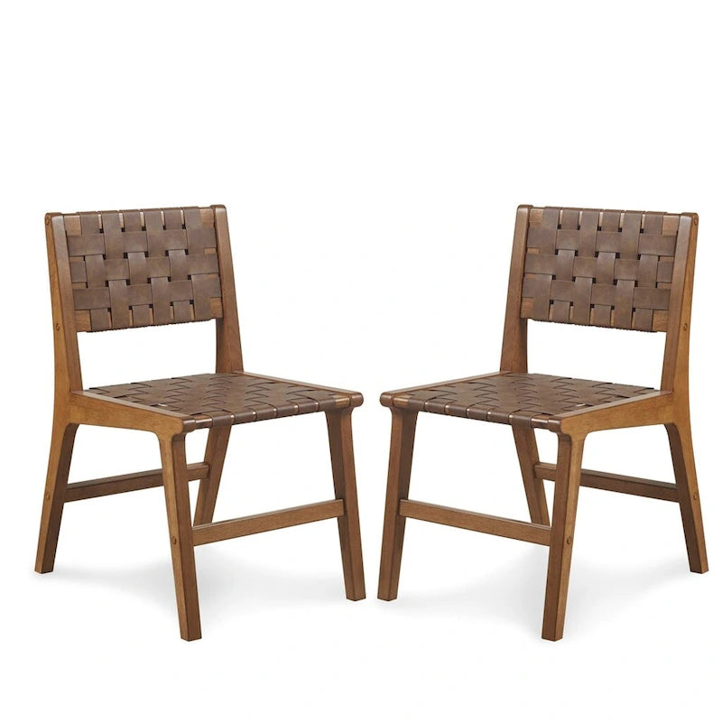 Lot de 2 chaises de salle à manger en similicuir à dossier tressé