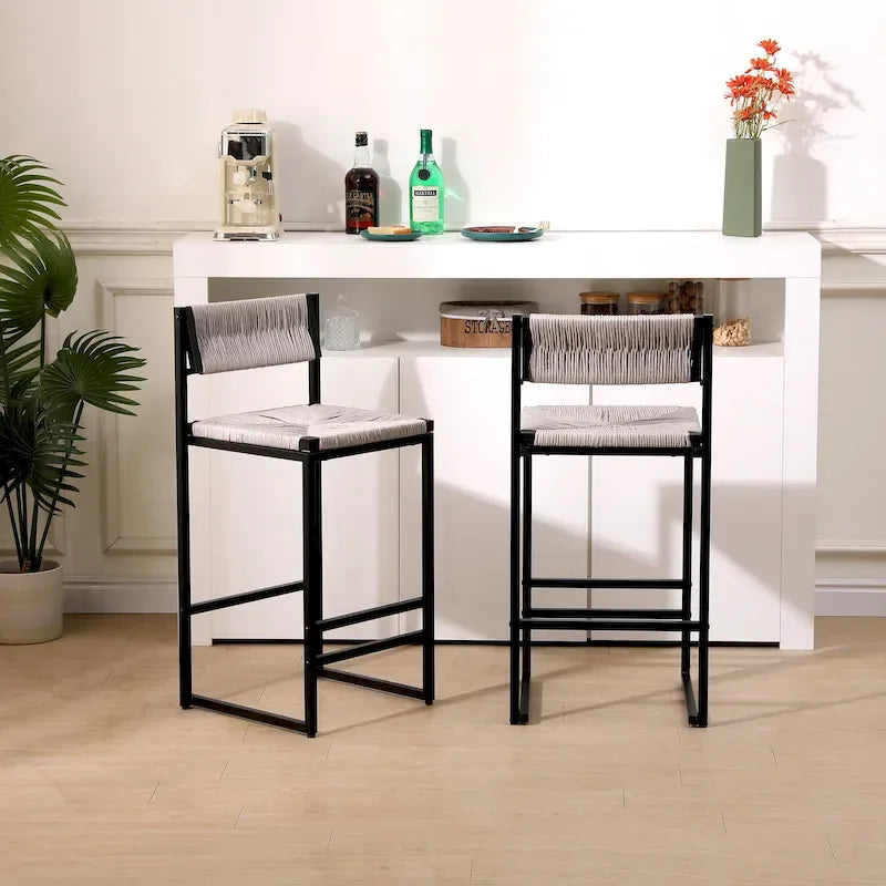 Tabourets de bar lot de 2, assise en corde de papier tressée à la main avec cadre en métal, hauteur de comptoir