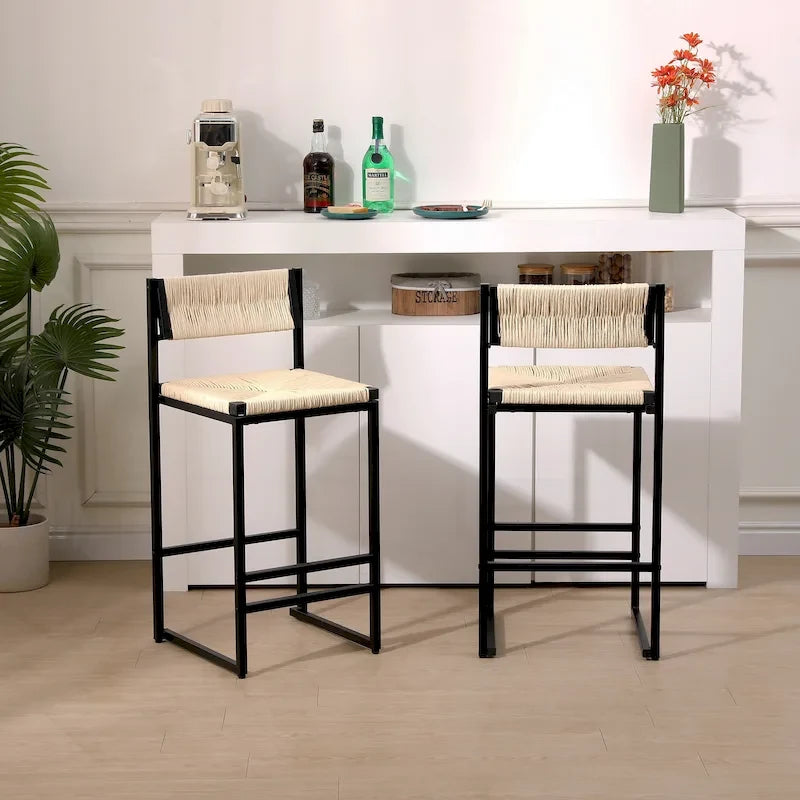 Tabourets de bar lot de 2, assise en corde de papier tressée à la main avec cadre en métal, hauteur de comptoir